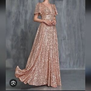Womens' Plunging Neck Butterfly Sleeves Sequin Rose Gold Formal Dress